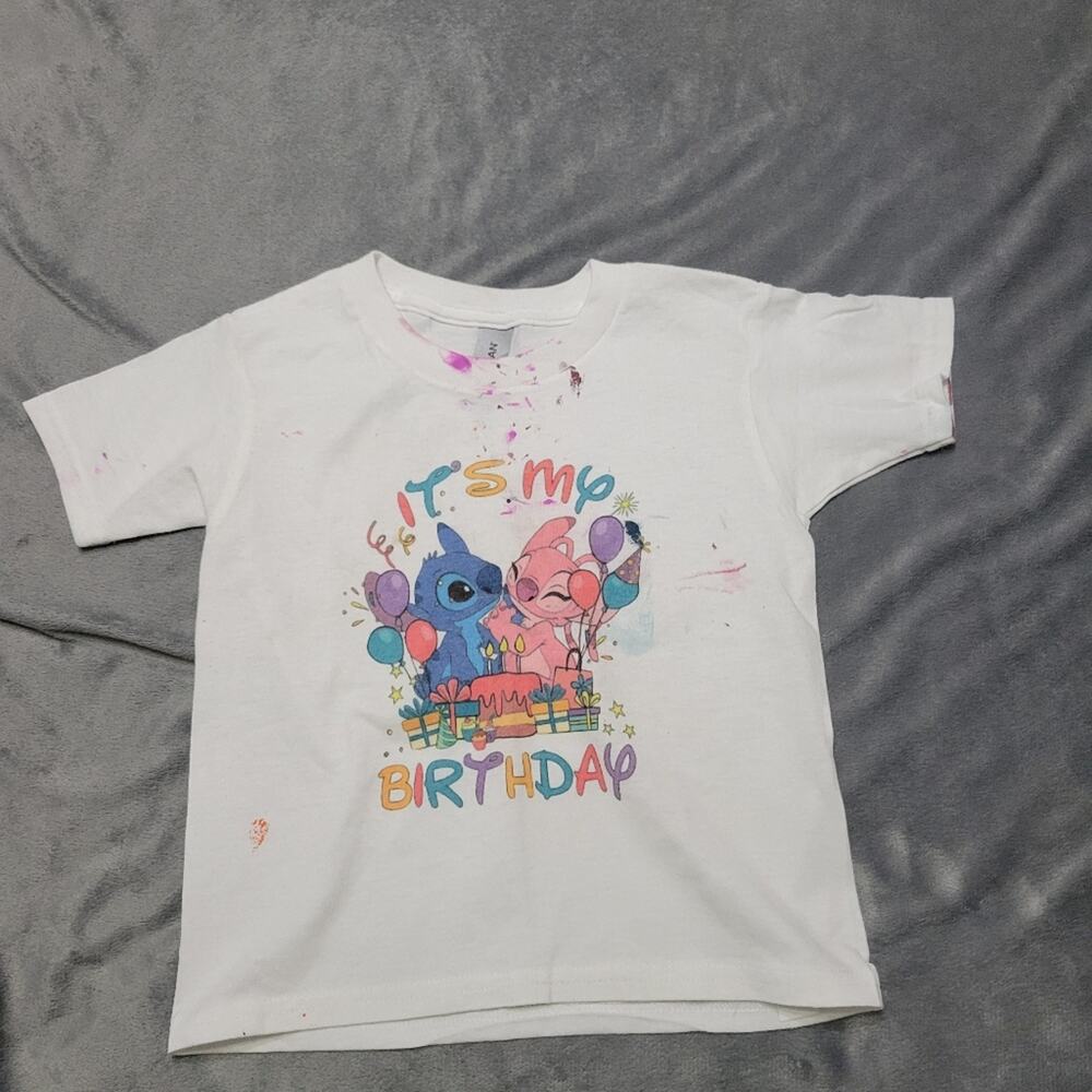 Its My Birthday Shirt Girls 2t Stitch Tee Shirt White Pink Paint Comfort Stretch